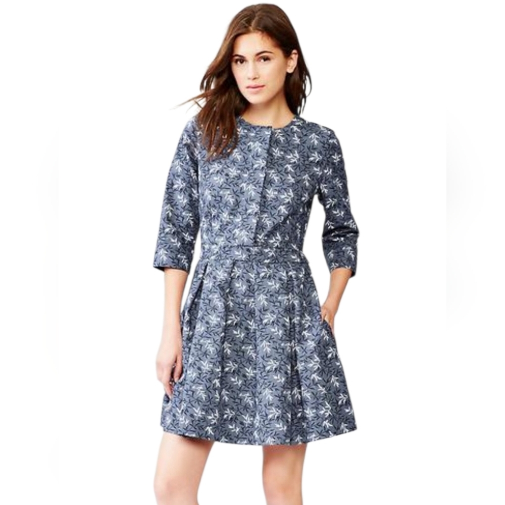 GAP Blue-Gray Leaf Print Pleated 3/4 Sleeve Dress Size 12